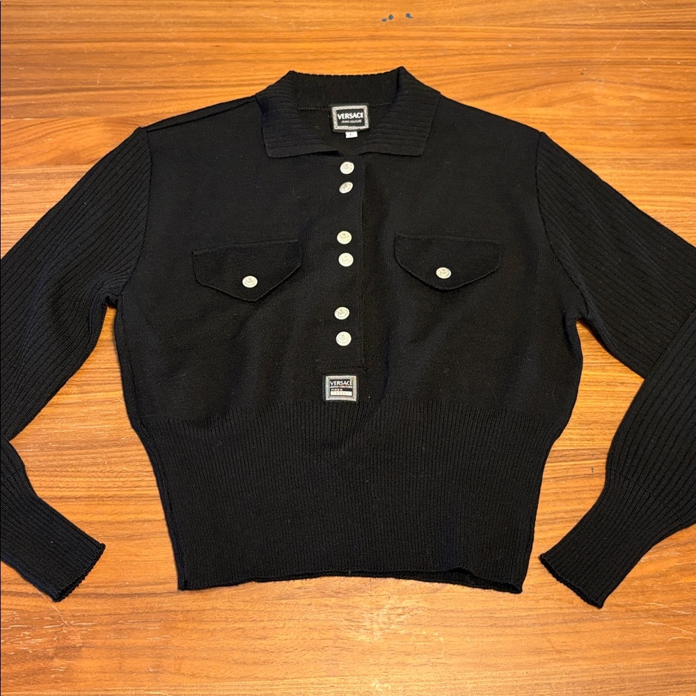 Versace Black Button-Up Knit Top